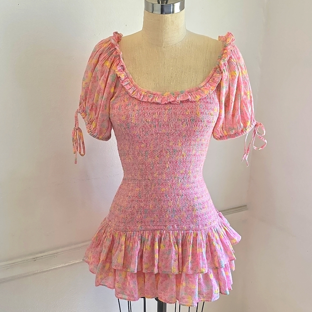LoveShackFancy Pink Floral Smocked Mini Dress - Picture 5 of 13